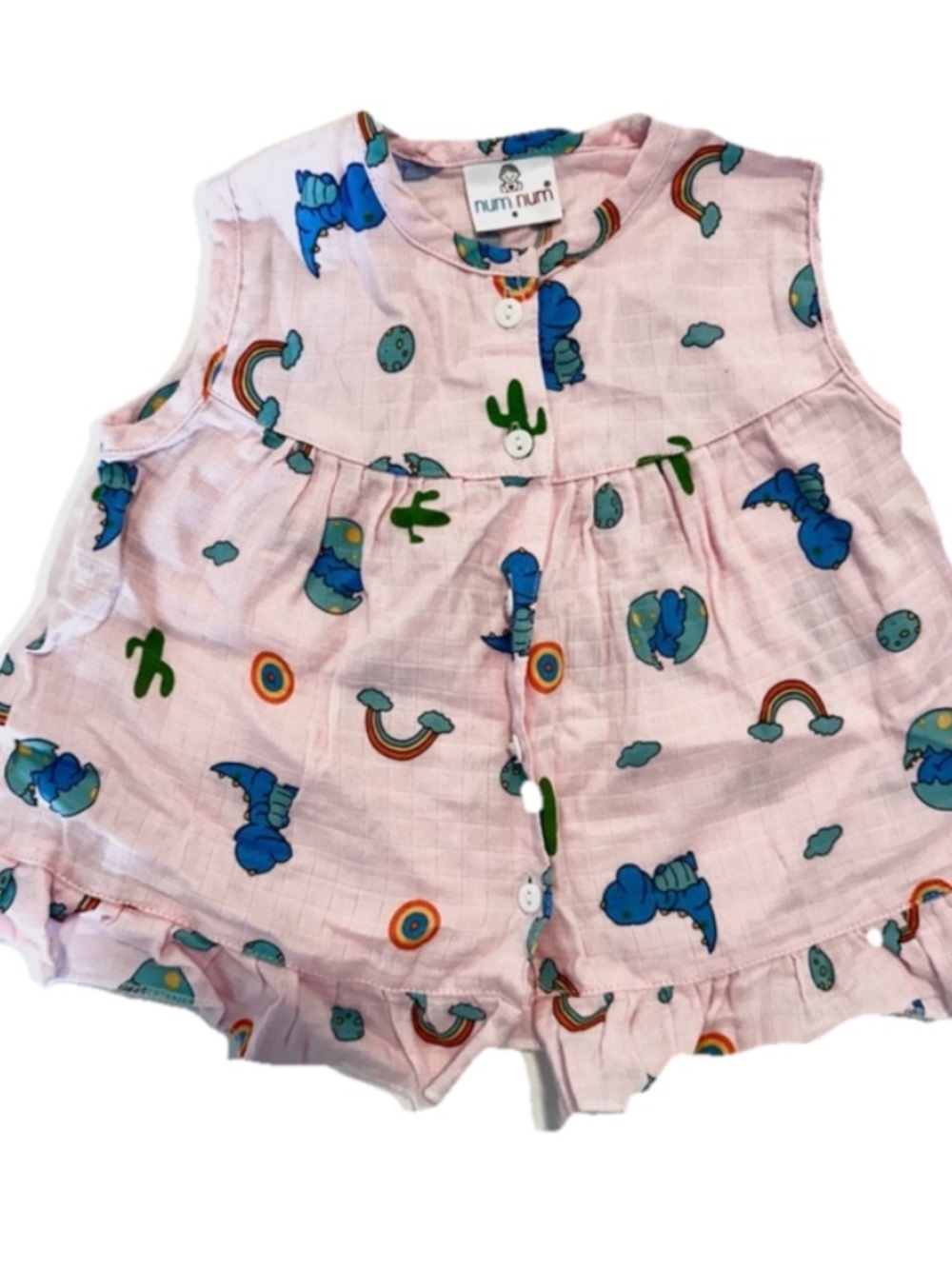Baby Muslin Dress | Pink Dino & Rainbow Print Top 12–18M